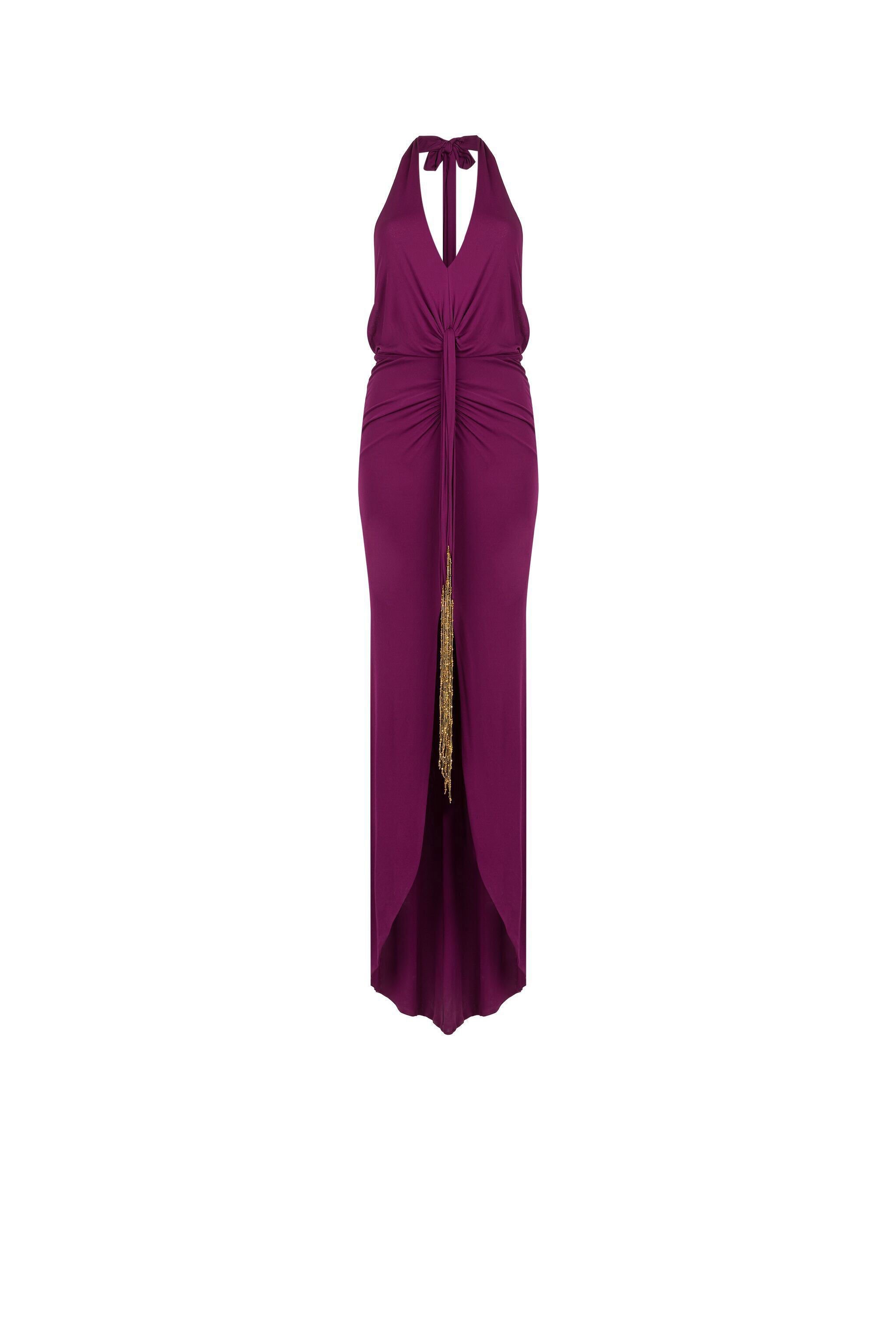 RC Beaded Tassel-Embellished Gathered Dress Purple LQR129-JJ035