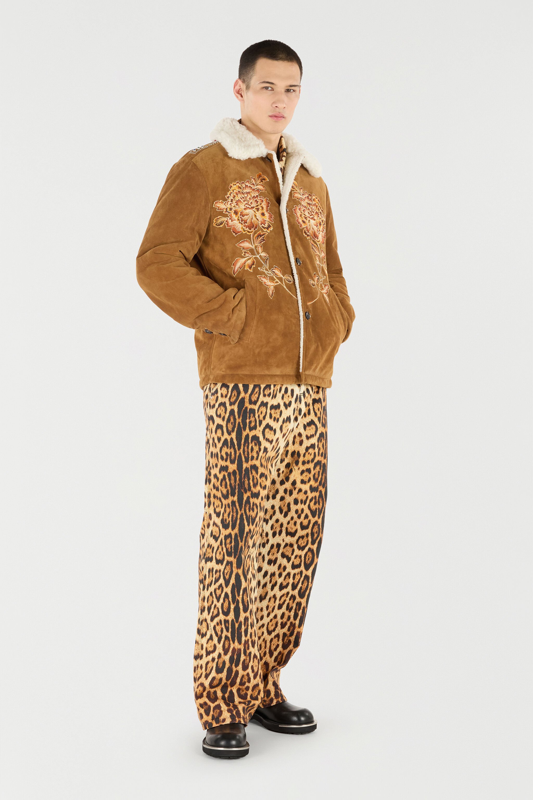 RC Suede Leather Jacket with Flowers and Tigers Brown VRP461-PJ007