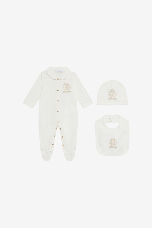 JU Milk White Hat, Bib, and Romper Set with Logo MILKY WHITE VJT811-JD001