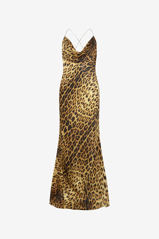 RC Long Silk Dress with Jaguar Skin Print Marron VWT103-HZQ71