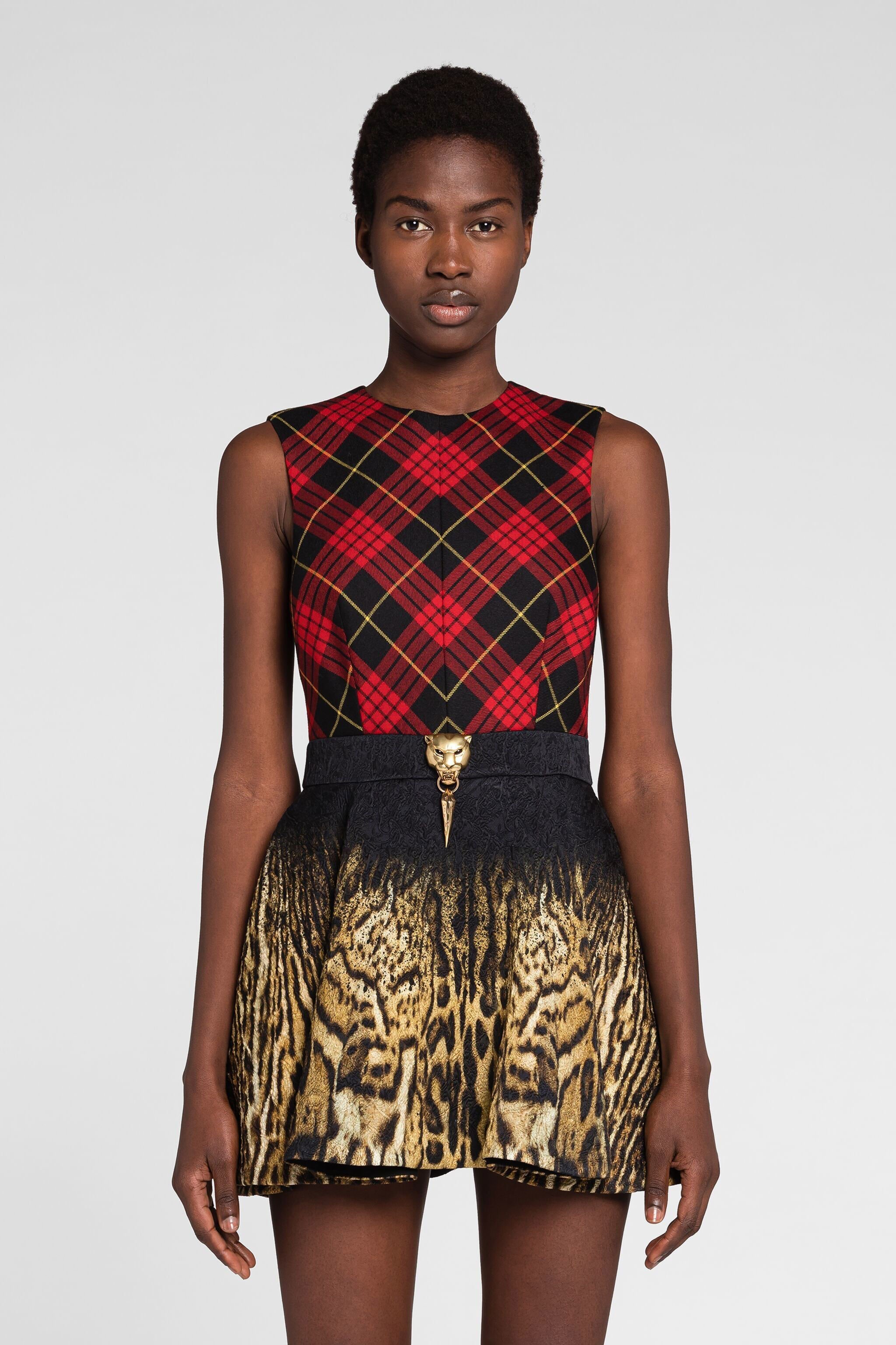 RC Tartan And Ocelot-Print Mini Dress Light brown/Red PKT113-FY048
