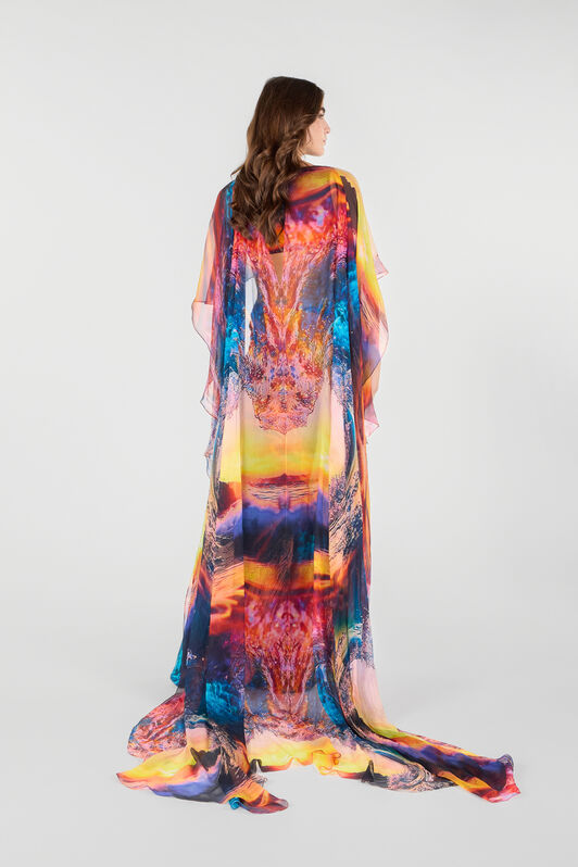 RC Langes Kleid mit Itaca-Print und Cape Blau/Orange UWT108-RYN98