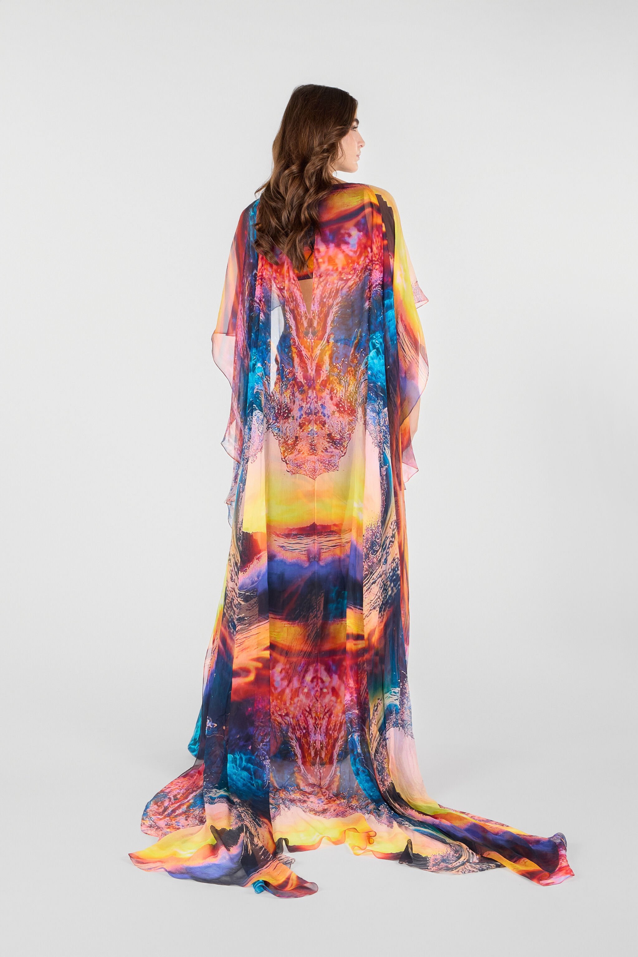 RC Langes Kleid mit Itaca-Print und Cape Blau/Orange UWT108-RYN98
