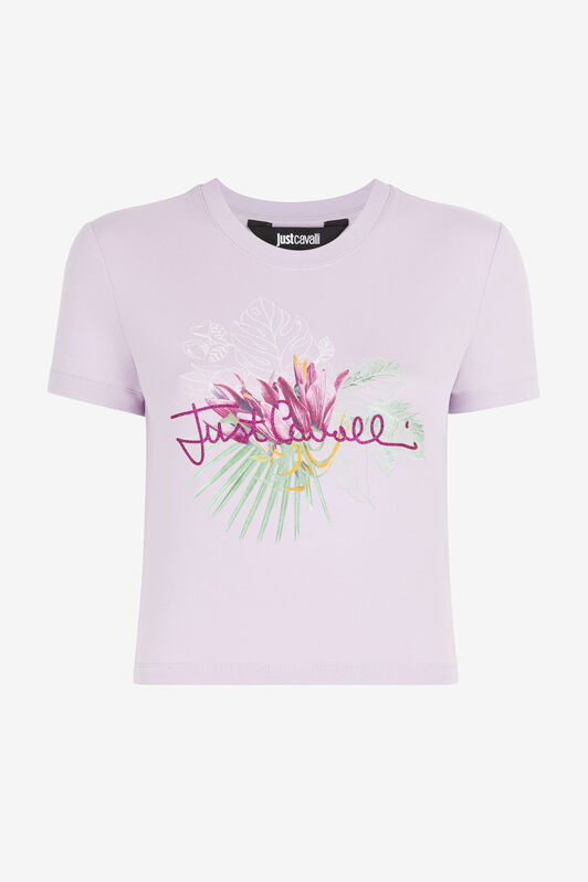 JC Just Cavalli Tropical-Print Cropped T-Shirt JC Just Cavalli Tropical-Print Cropped T-Shirt PURPLE Q61447-Q0350
