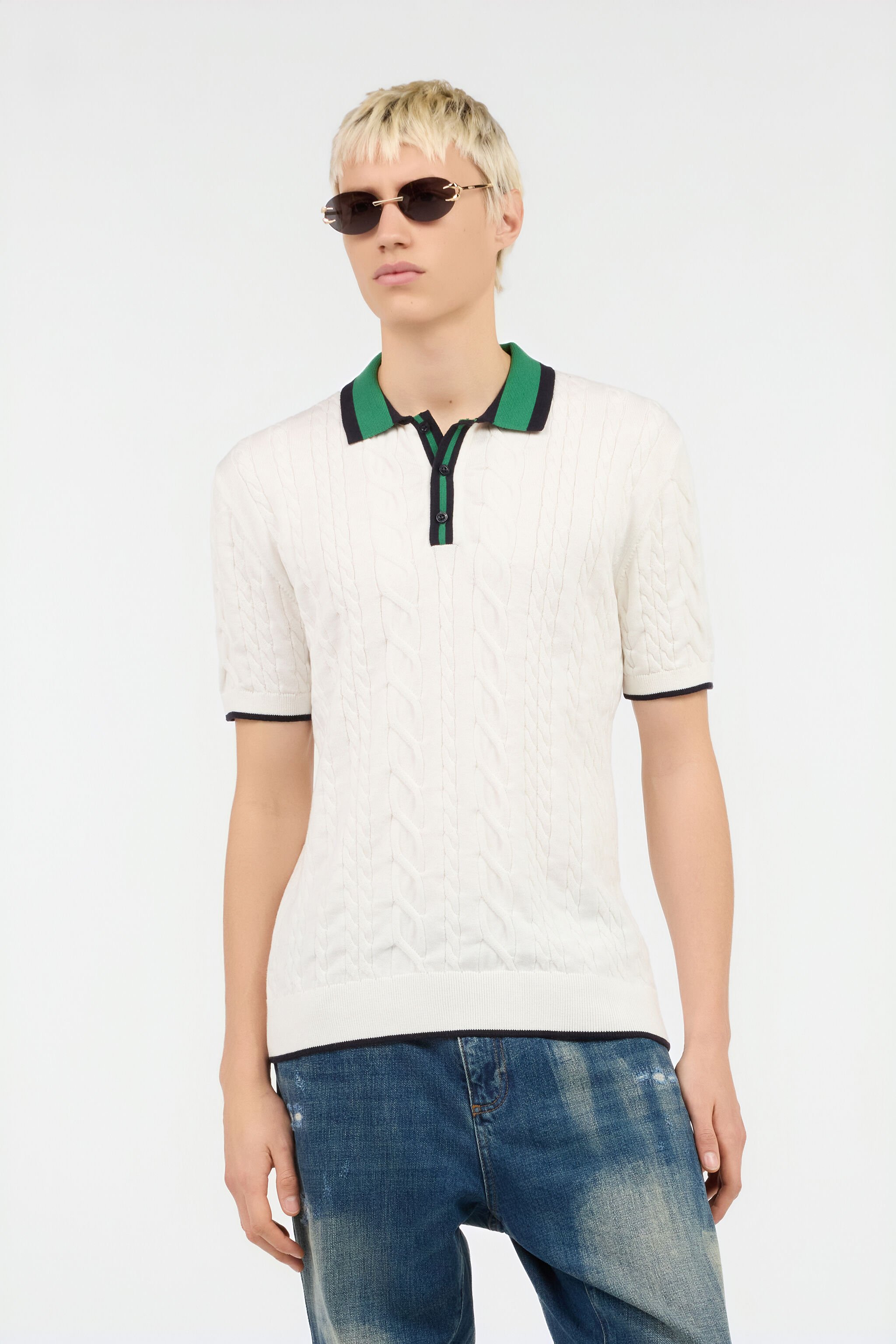 RC White Cable Knit Polo Shirt WHITE ROM90E-FEC31