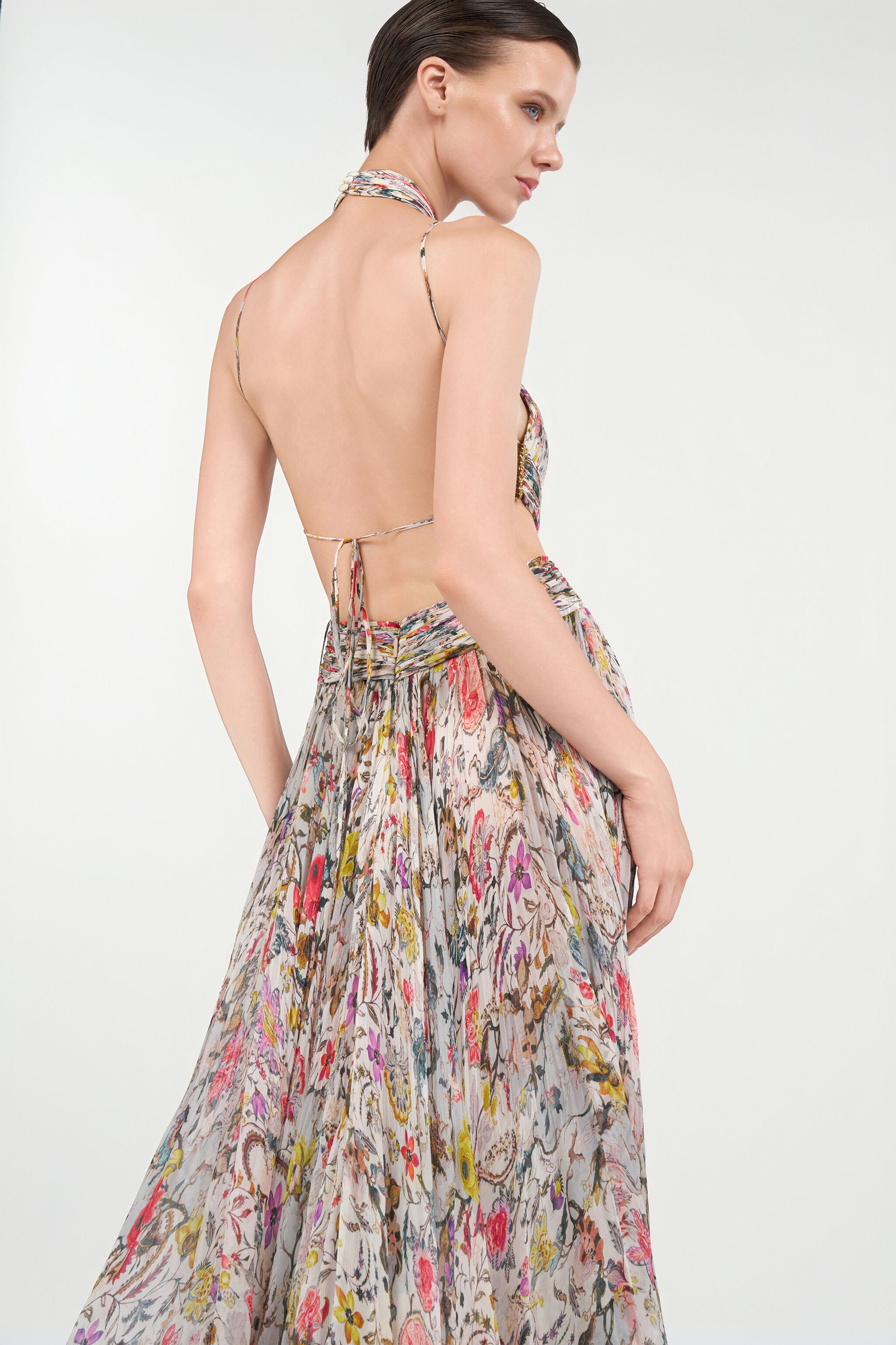 Long Chiffon Dress with Florentine Flowers Print in BEIGE for