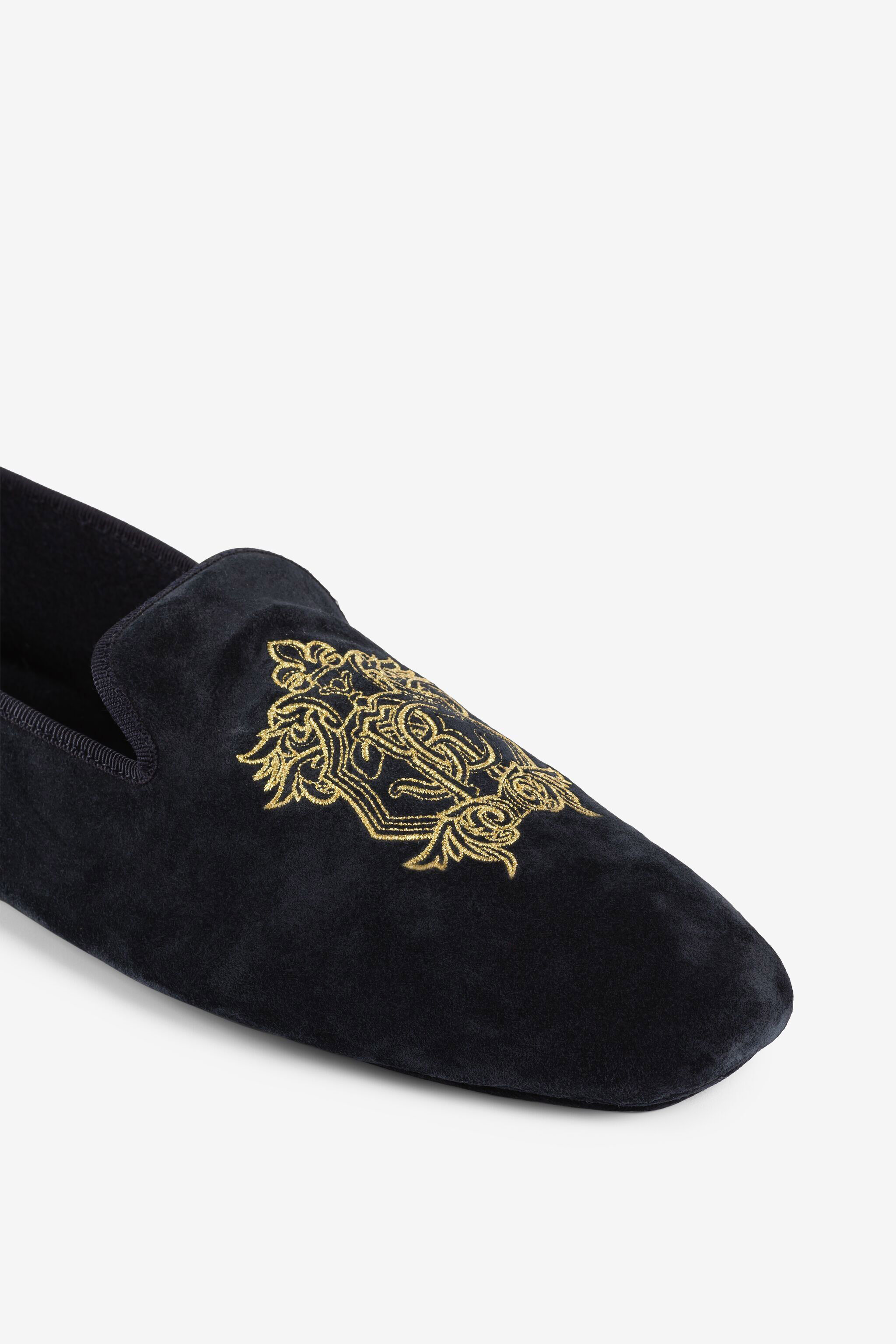 RC Mirror Snake Crest-Embroidered Velvet Slippers DARK BLUE PRS001-PZA95