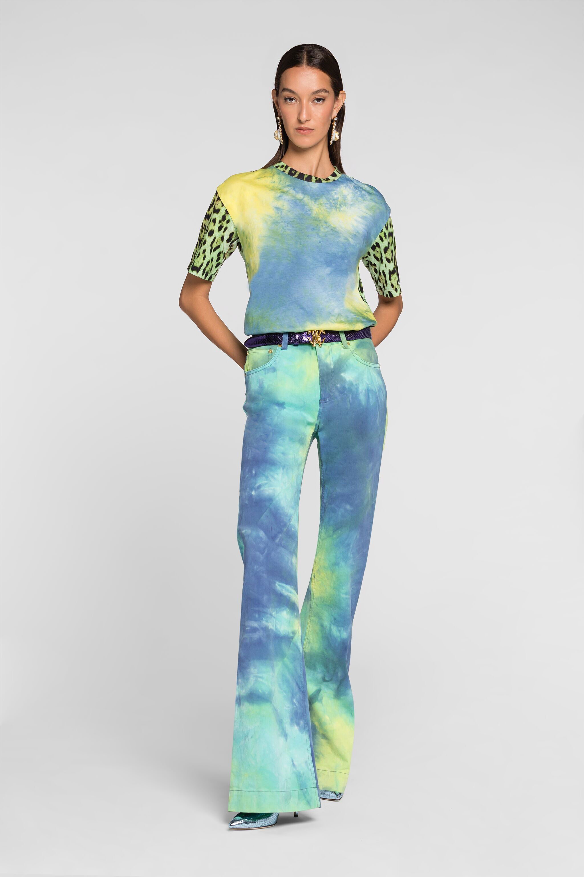 RC Leopard-print tie-dye panelled T-shirt Light green/Light blue QKT61B-3PF53