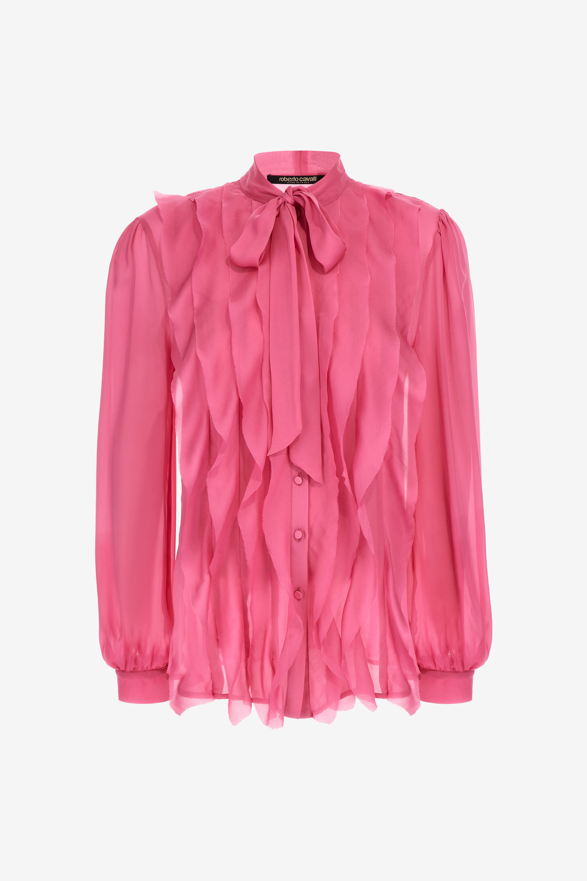 RC Pink Silk Shirt With Ruffles And Pussy Bow Fuchsia SKT706-CC001