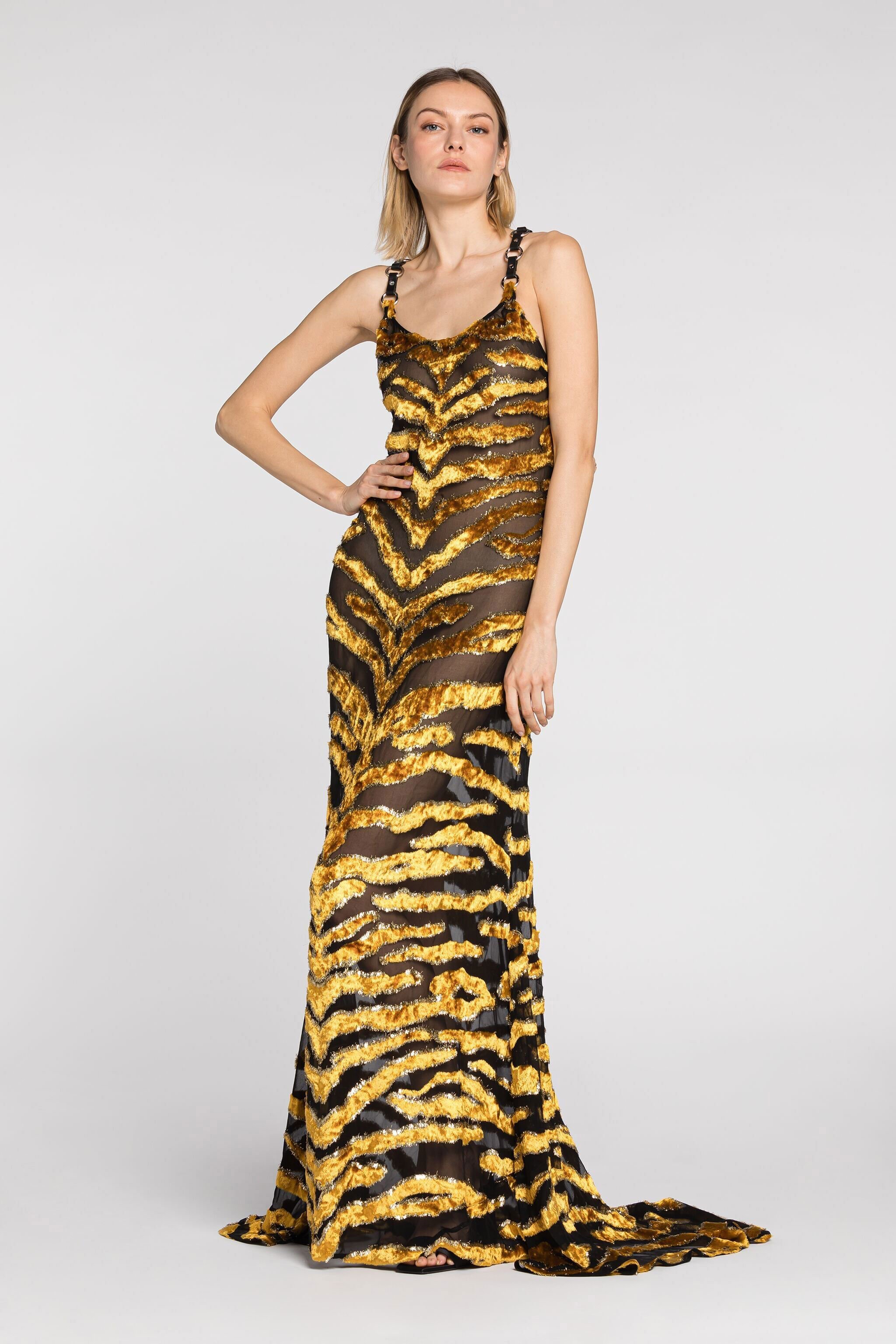 RC Robe longue à motif tigré au fil coupé Or PWT141-FY058