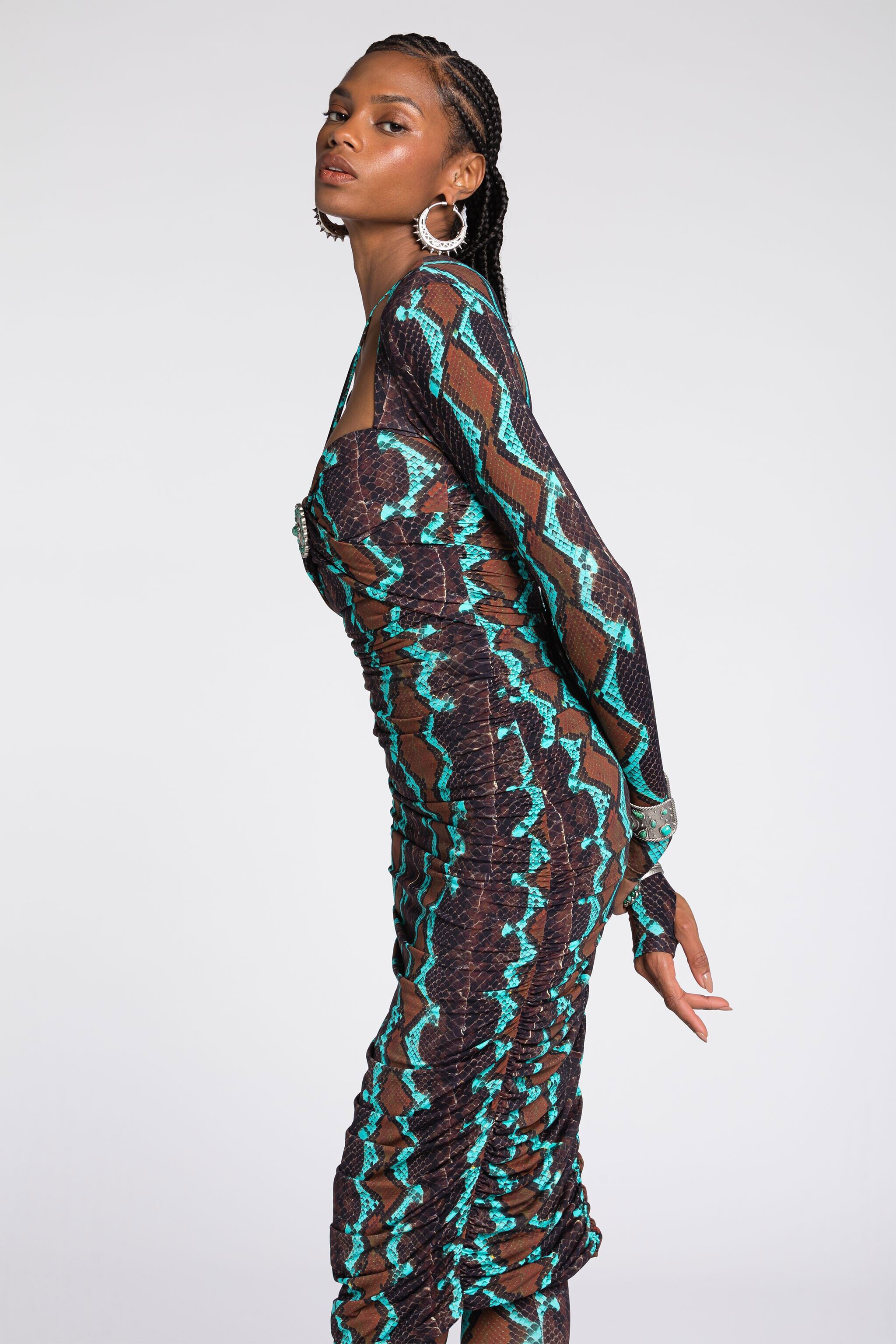 RC Snakeskin-Print Midi Dress Dark brown/Light blue RKT171-LNH22