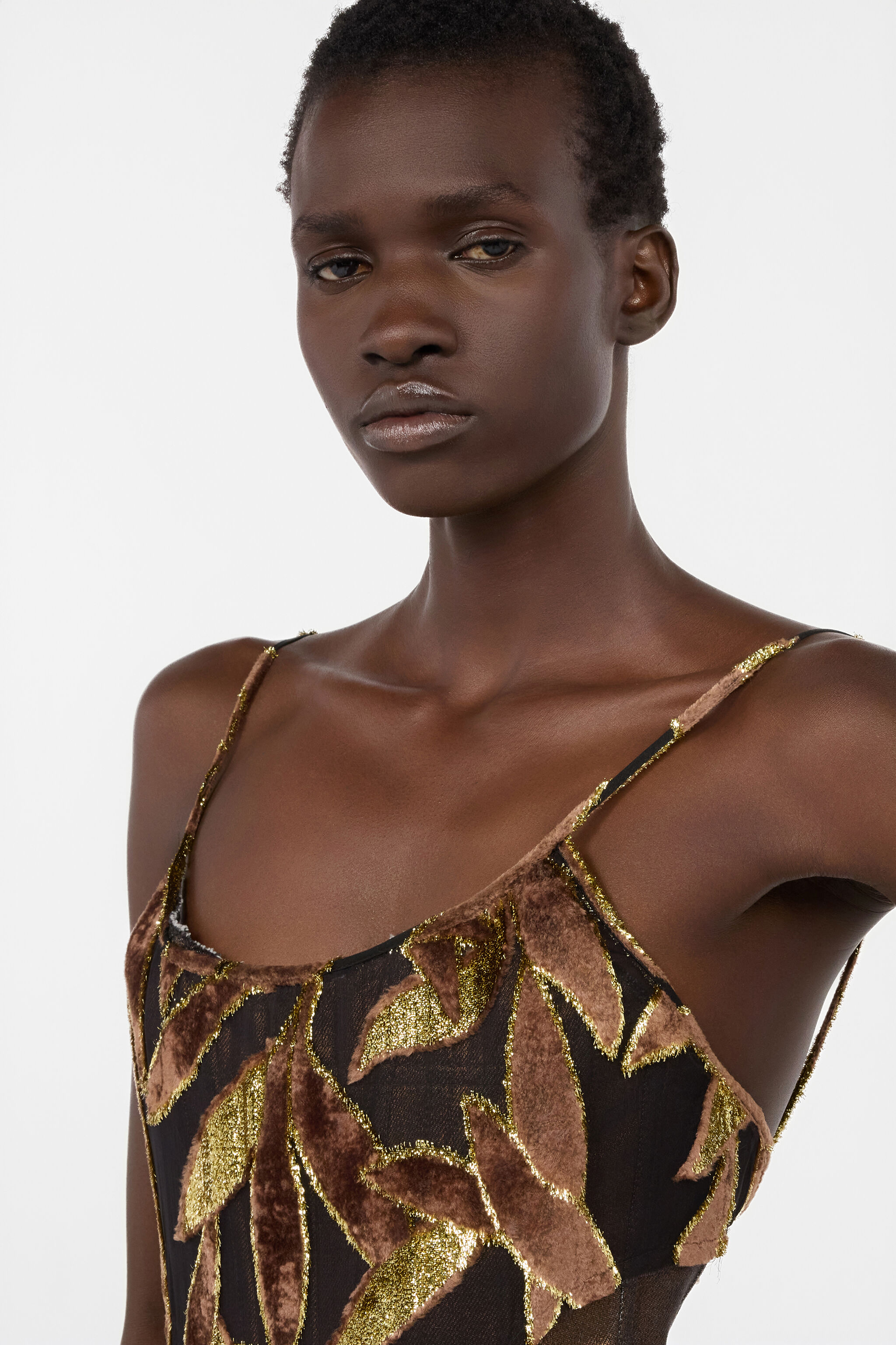 Chocolate Sheer Mini Dress with Foliage Motif in CHOCOLATE for