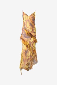 ${brand} Asymmetric Silk Dress with Amber Print ${colorDescription} ${masterID}