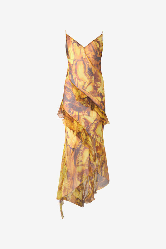 RC Asymmetric Silk Dress with Amber Print Yellow VKT139-CKP74
