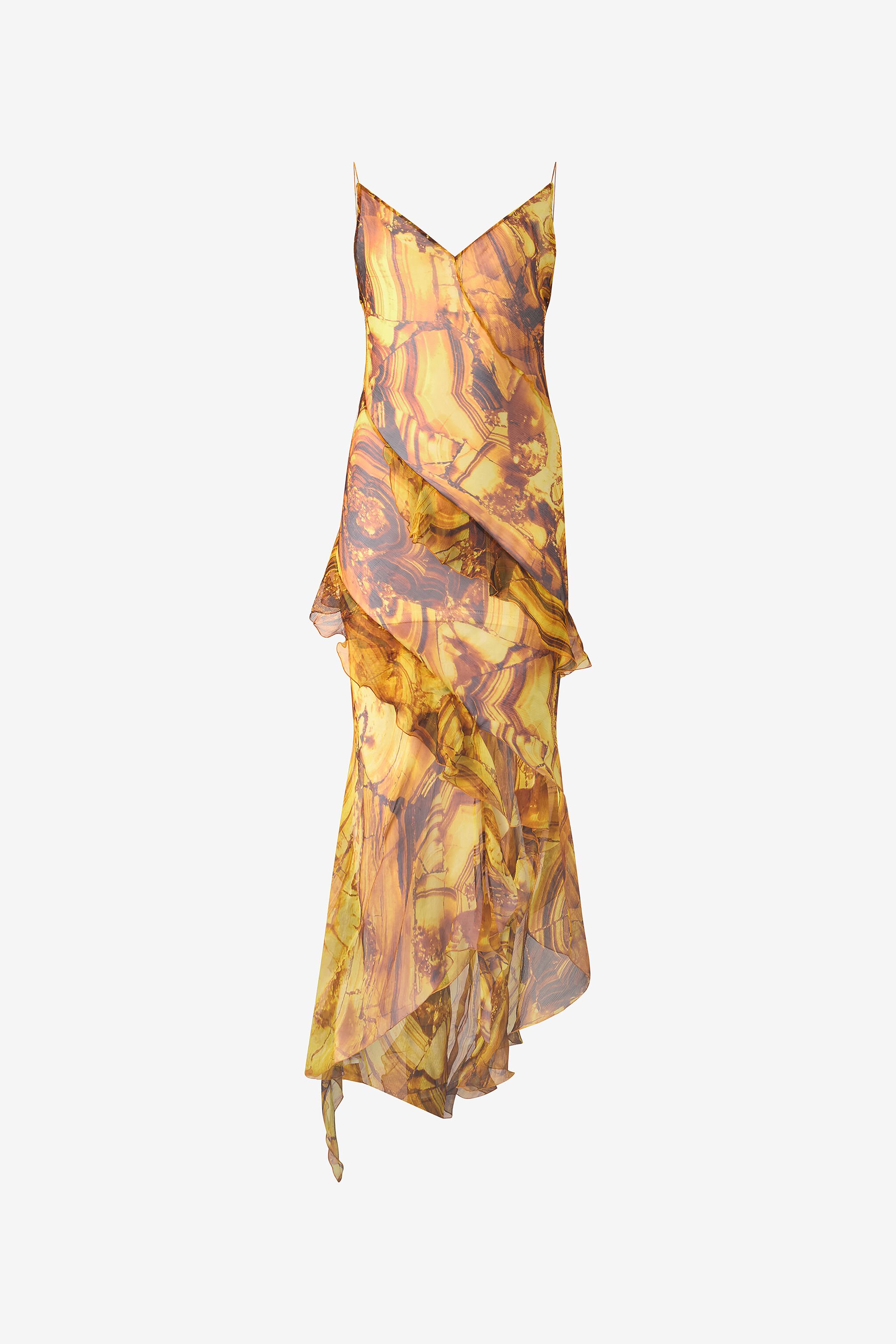 RC Asymmetric Silk Dress with Amber Print Yellow VKT139-CKP74