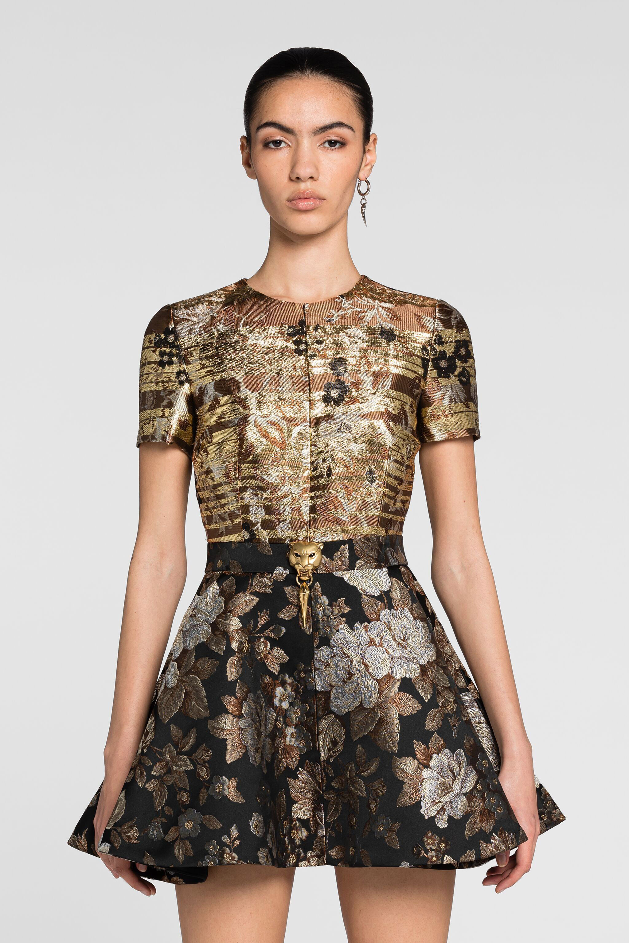 Floral-Brocade Mini Dress in MARRONE for Women | Roberto Cavalli®