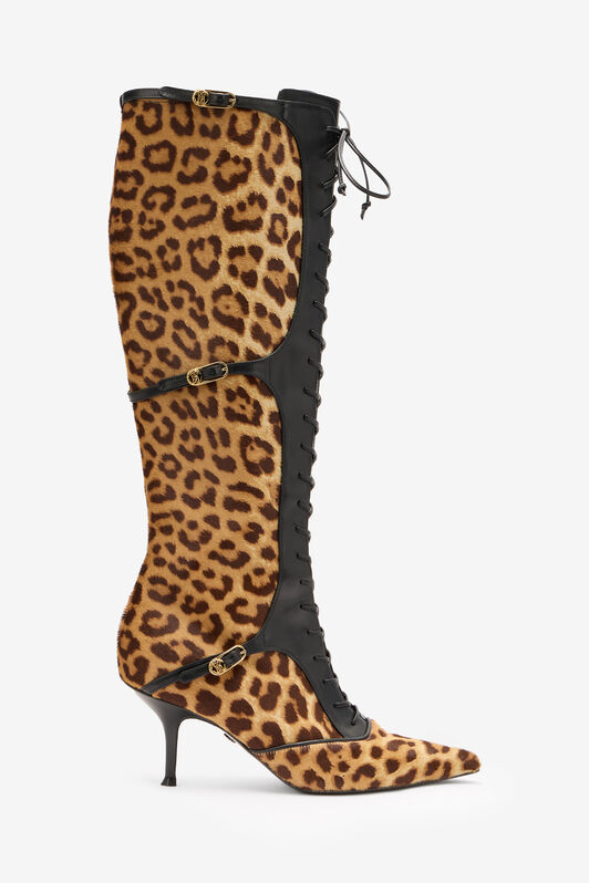 RC Pointed Lace-Up Boots in Leopard Skin Brown VKS017-PZA92