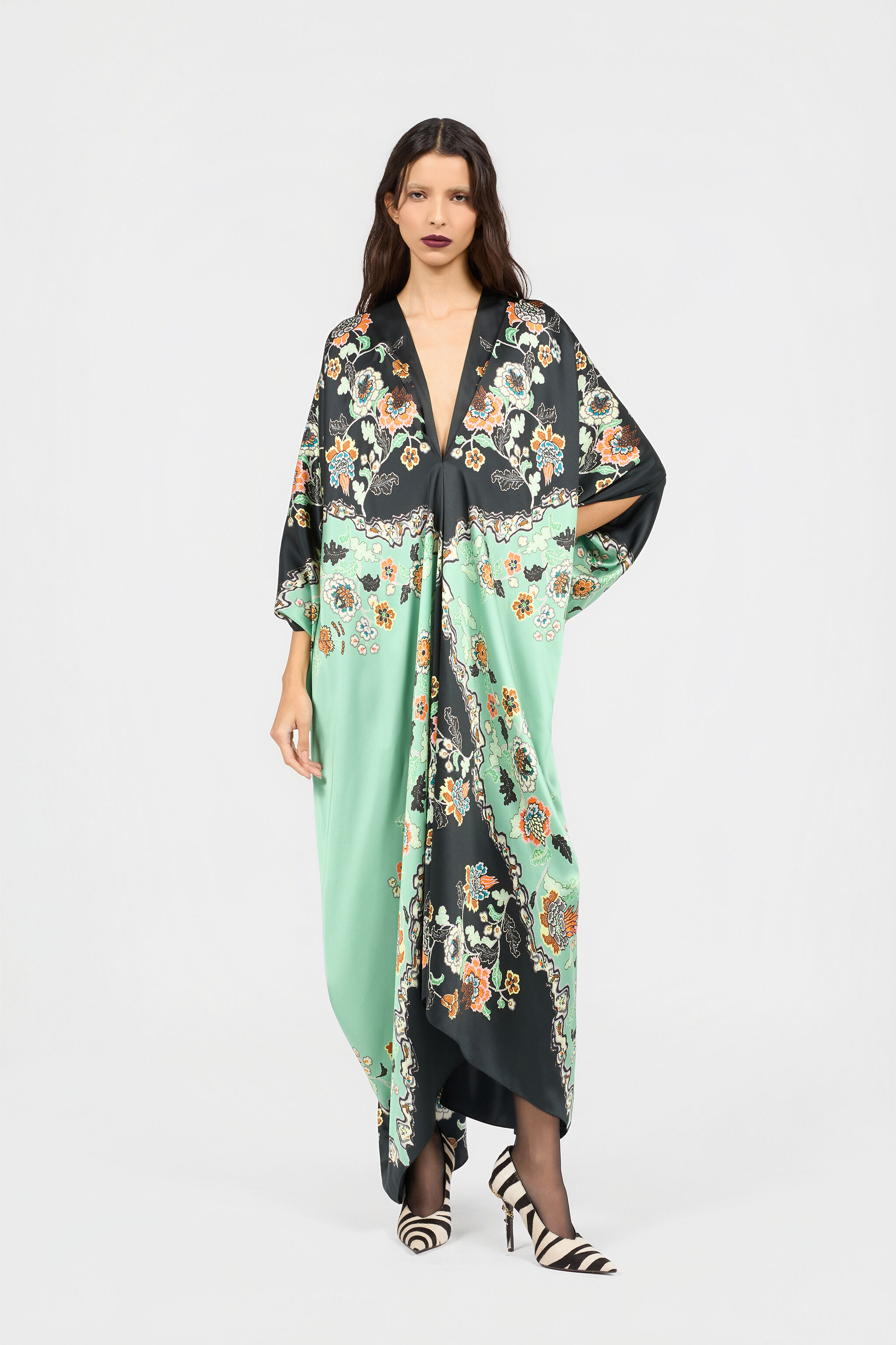 RC Silk Kaftan Dress With Kimono Print GREEN/BLACK XQT181-RYT25