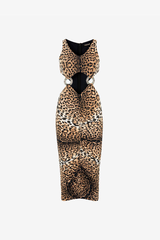 RC Jaguar-Print Cut-Out Dress Light Brown RKT128-LNH26