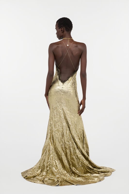 RC Abito Dorato Extralungo In Misto Seta Craquelé GOLD WWT162-GU002