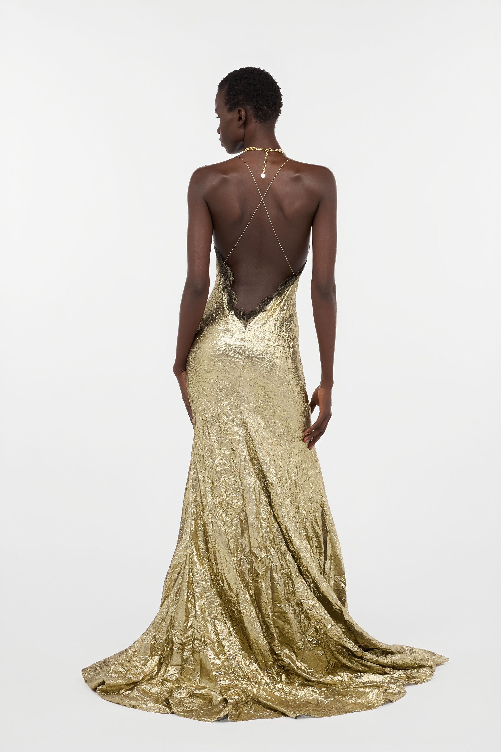 RC Abito Dorato Extralungo In Misto Seta Craquelé GOLD WWT162-GU002