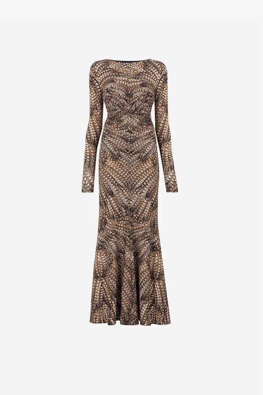 RC Robe longue à imprimé plumes Marron clair QKT102-LNF52