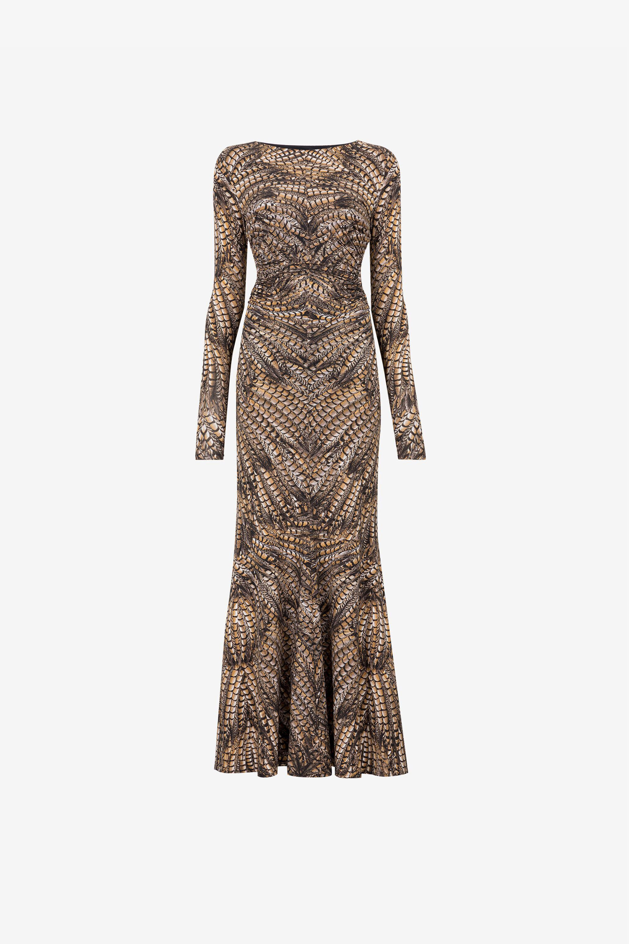 RC Robe longue à imprimé plumes Marron clair QKT102-LNF52