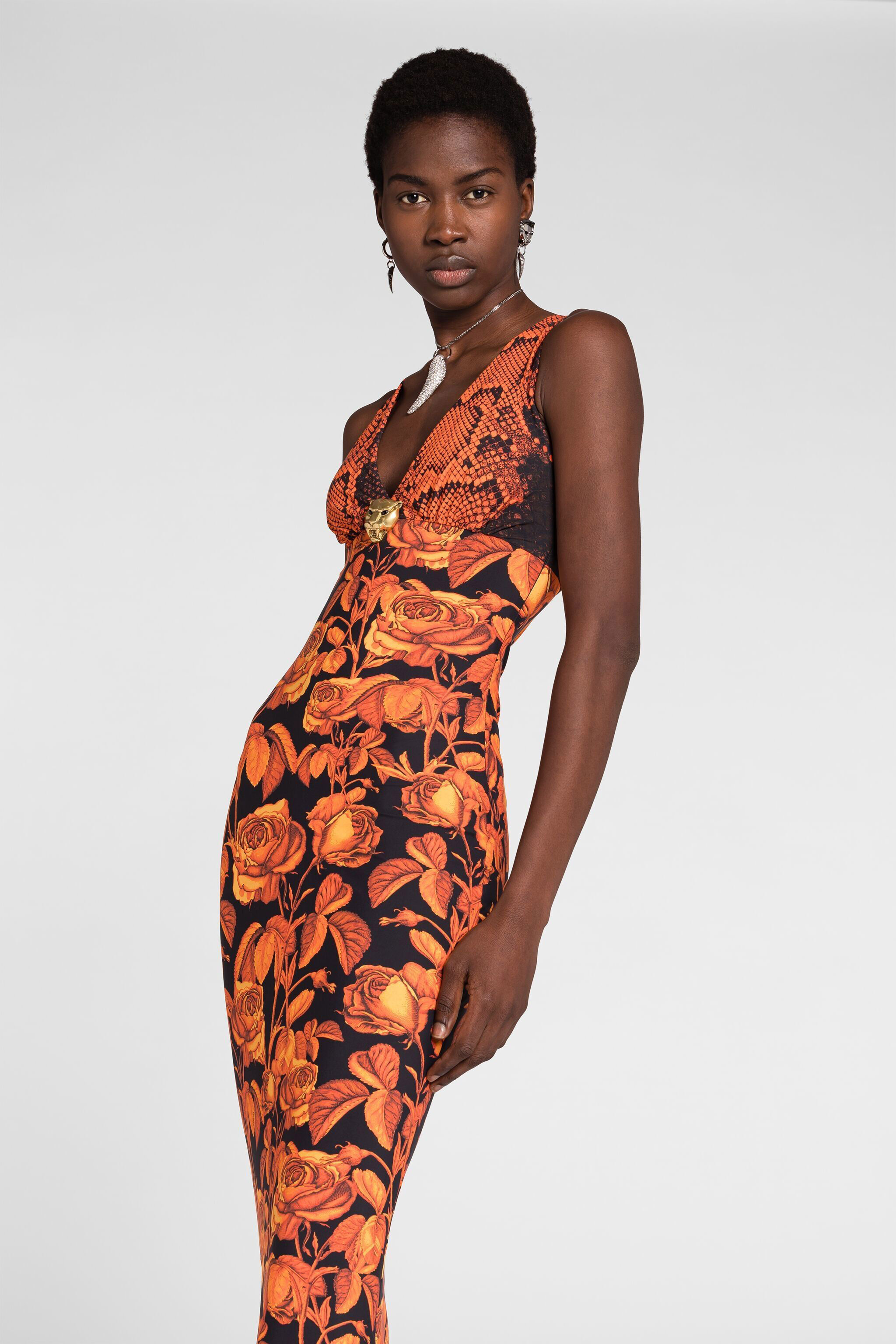Python And Rose Print Maxi Dress in Orange for Women Roberto Cavalli