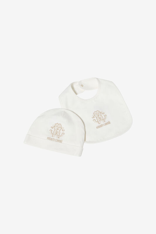 JU Milk White Hat, Bib, and Romper Set with Logo MILKY WHITE VJT811-JD001