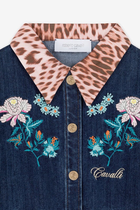 JU Robe en jean à broderie florale Bleu foncé RJJ900-DS015