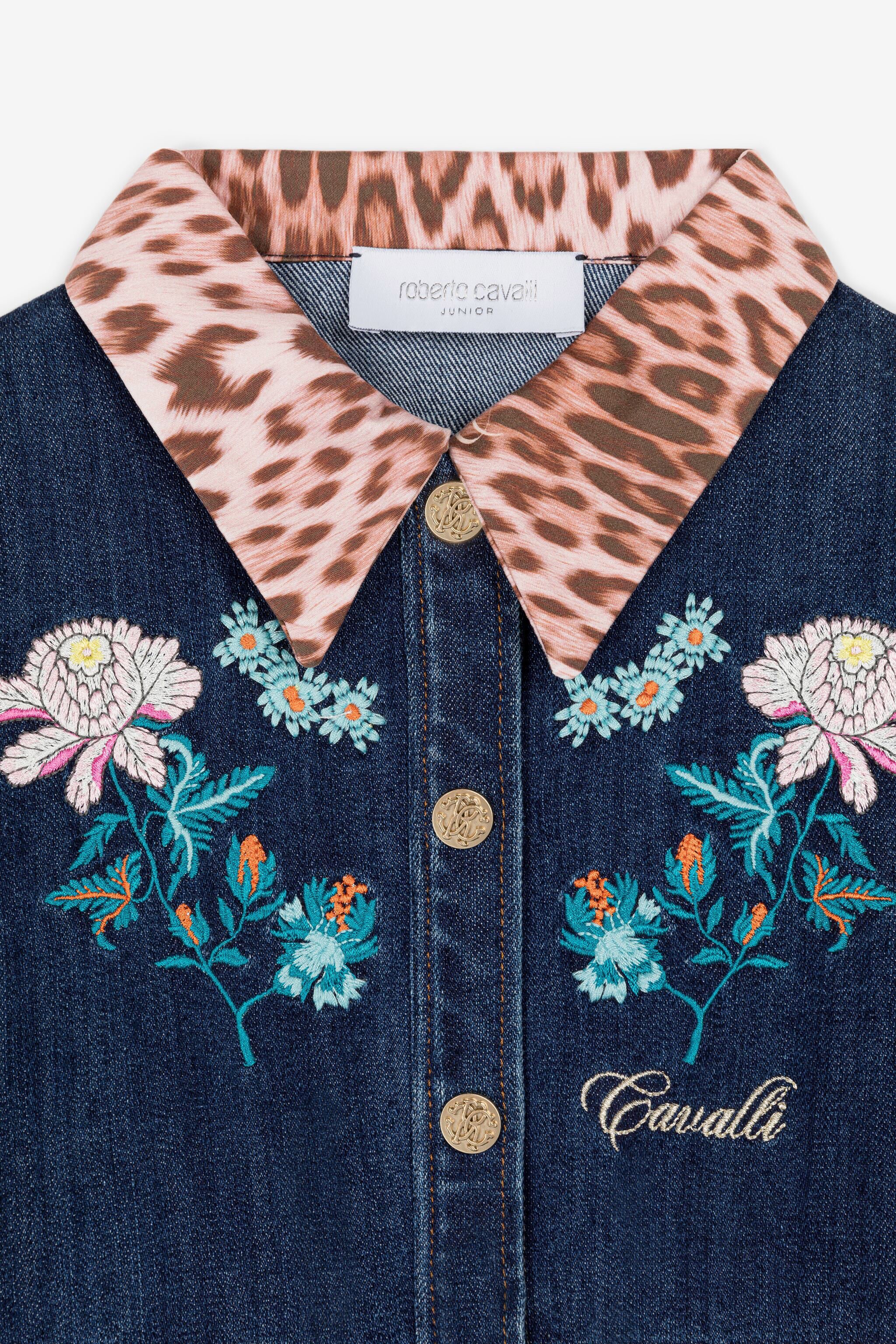 JU Robe en jean à broderie florale Bleu foncé RJJ900-DS015