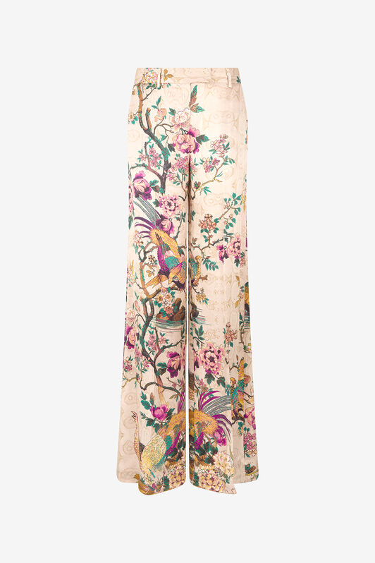 RC Palazzo Pants with Floral and Pheasant Print Ivory/Pink VKT201-TYP76