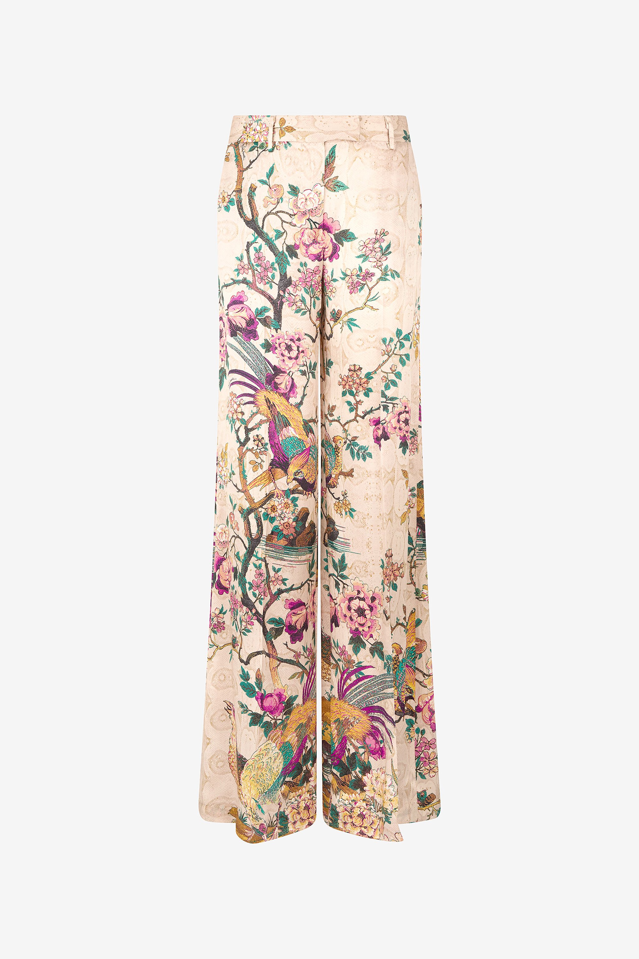 RC Palazzo Pants with Floral and Pheasant Print Ivory/Pink VKT201-TYP76
