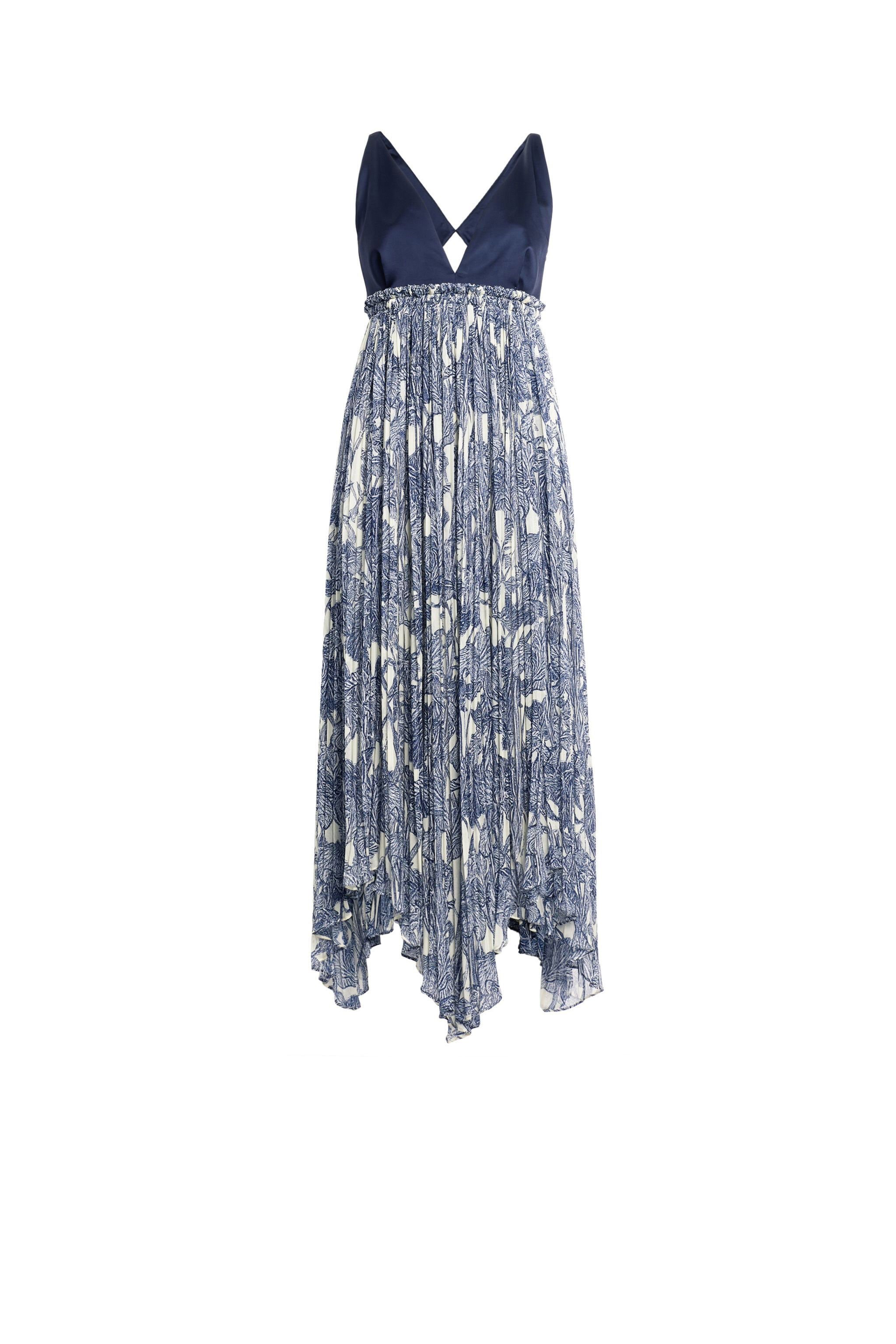 RC Long iris print silk dress IVORY/DARK NAVY HQT137-GFM05