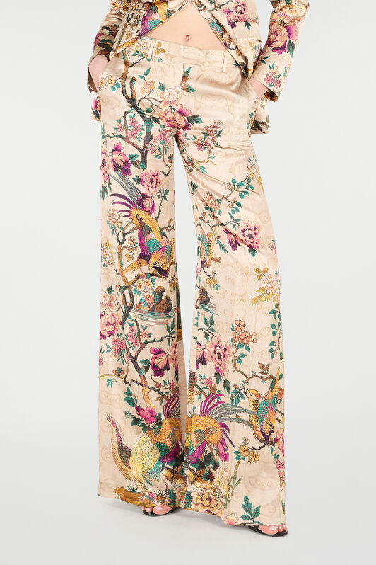 RC Palazzo Pants with Floral and Pheasant Print Ivory/Pink VKT201-TYP76