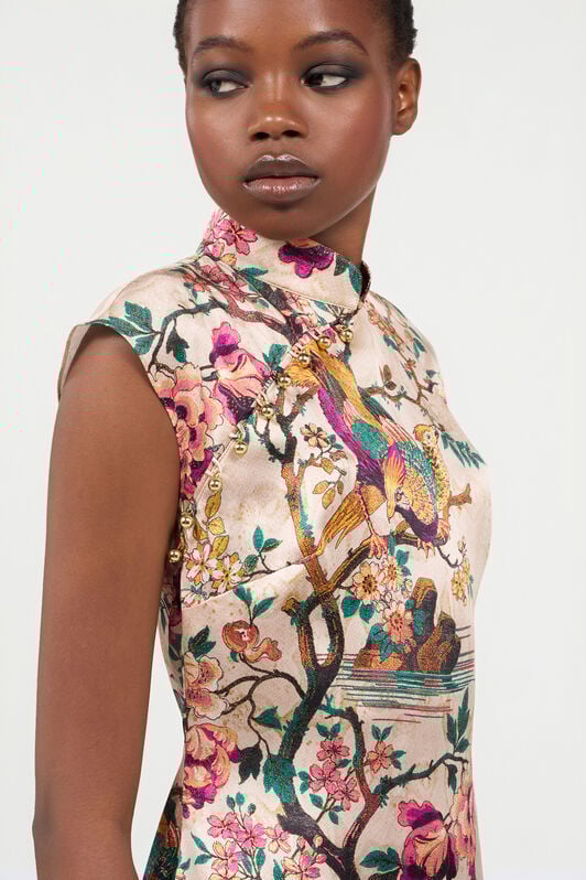 RC Oriental Bird Print Silk Mini Dress RC Oriental Bird Print Silk Mini Dress BEIGE/MULTICOLOR VKT129-TYP76
