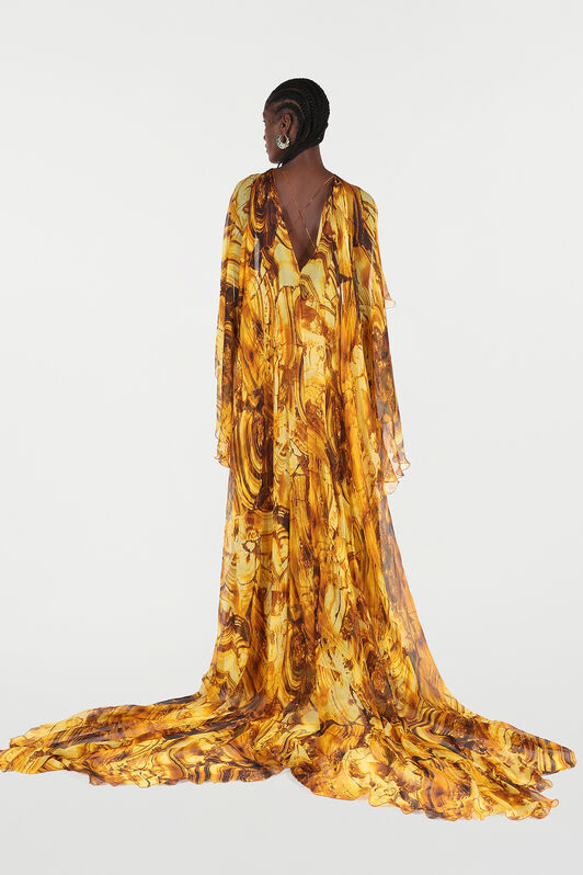 RC Caftan Dress in Silk with Amber Print RC Caftan Dress in Silk with Amber Print Yellow VKT140-CKP74