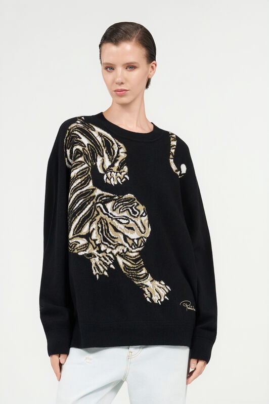 RC Oversized Wool Sweater with Tiger Motif BLACK WKM603-MQ014