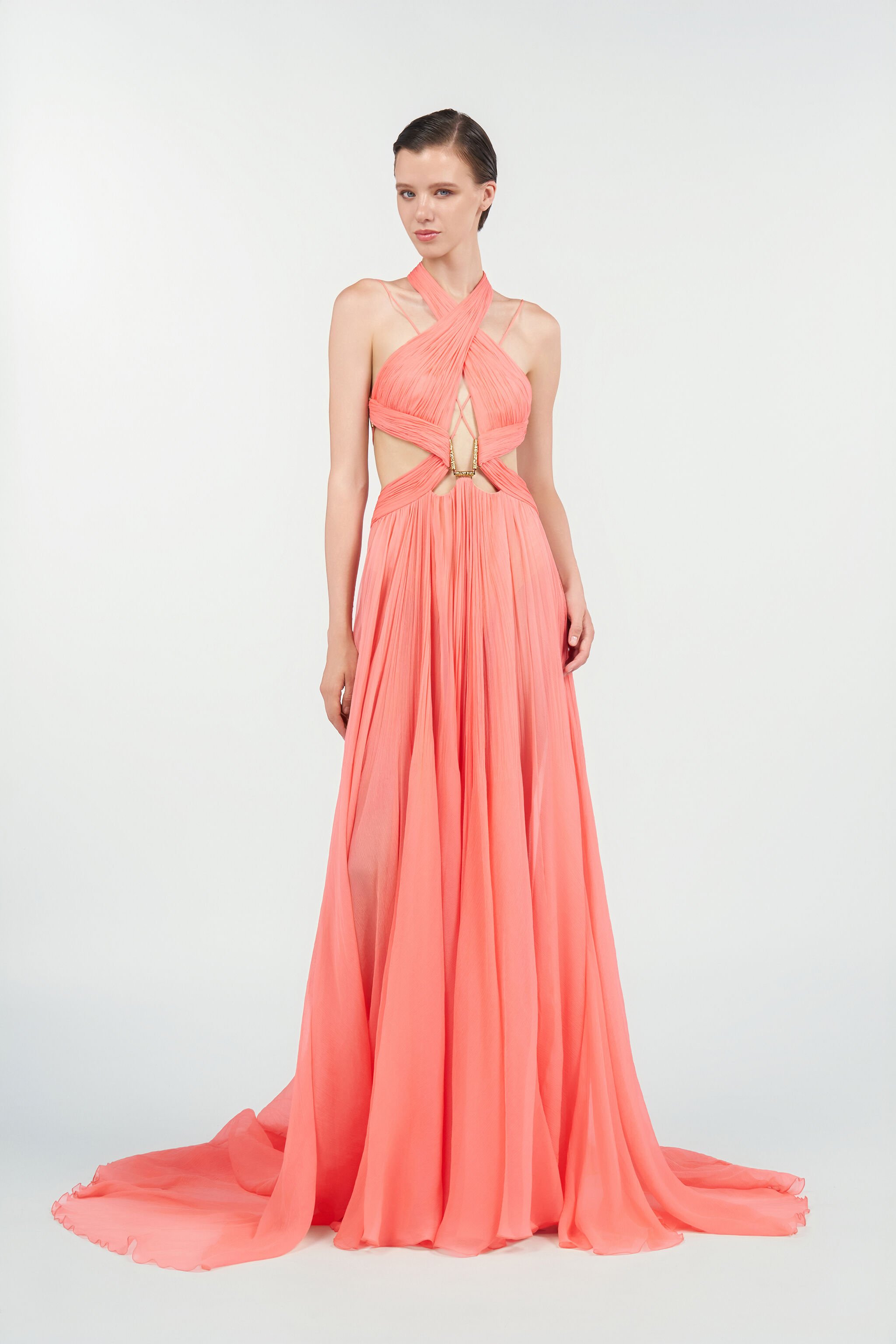 RC Long Silk Dress SALMON PINK WQT129-CQ002