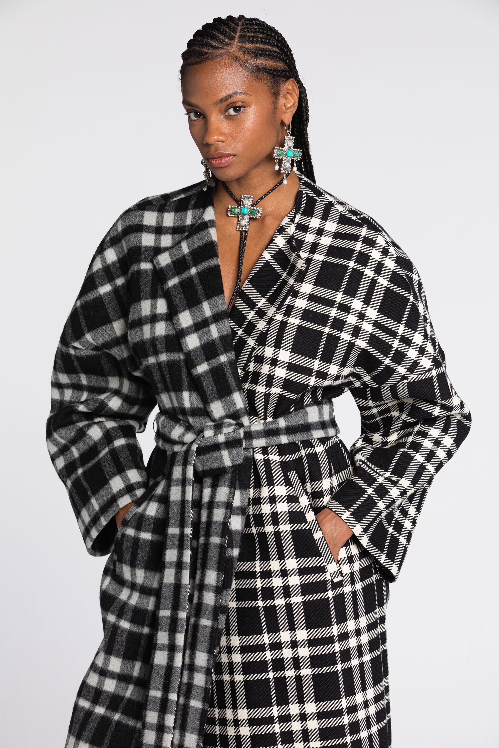 RC Checked Belted Coat Black/White RKT500-FY043