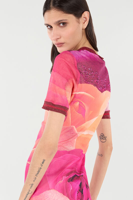 RC Short Rose-Print Dress With Glittery Trims Fuchsia UKT12A-6HN48