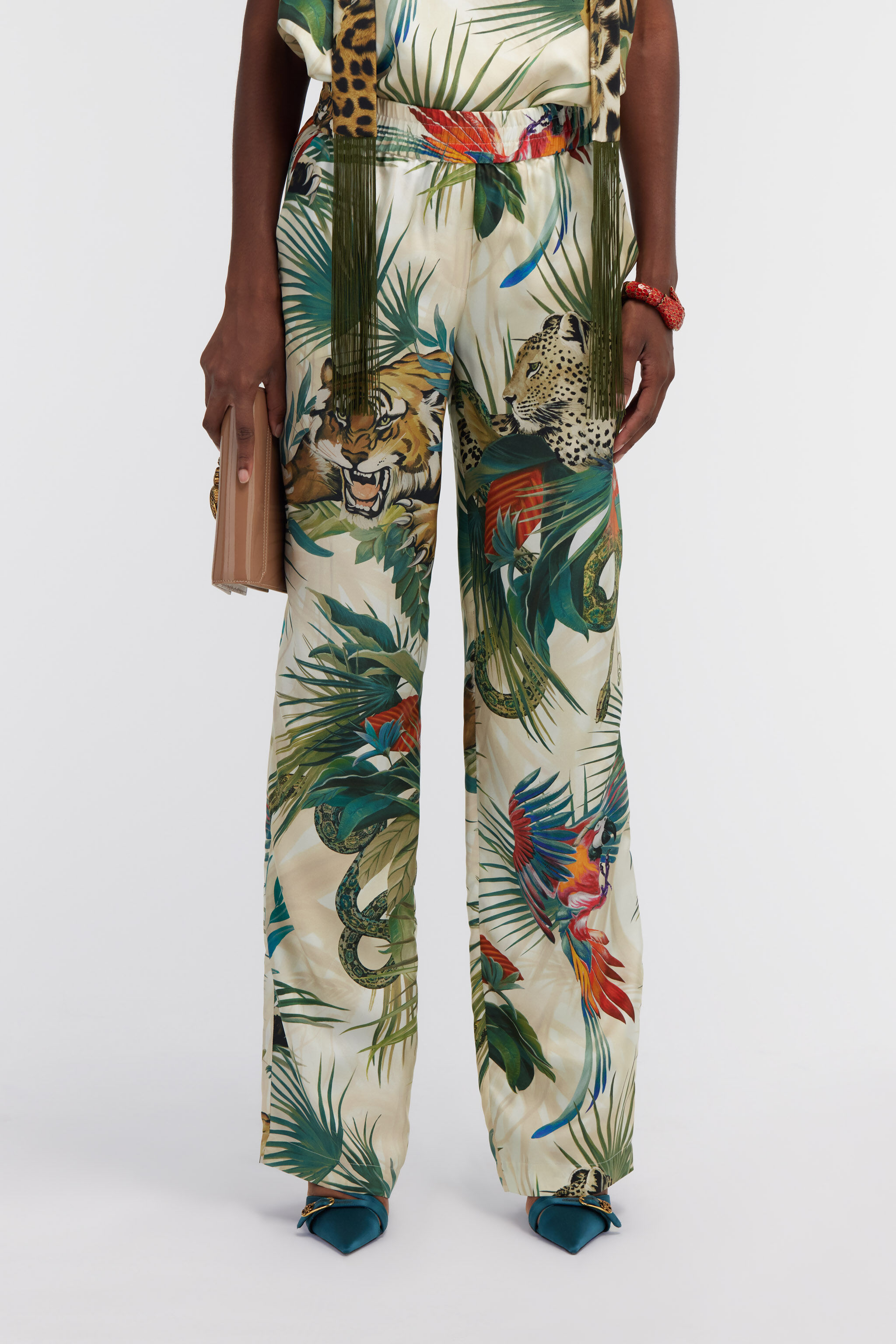 RC Jungle Print Silk Trousers Green SKT210-4QI88
