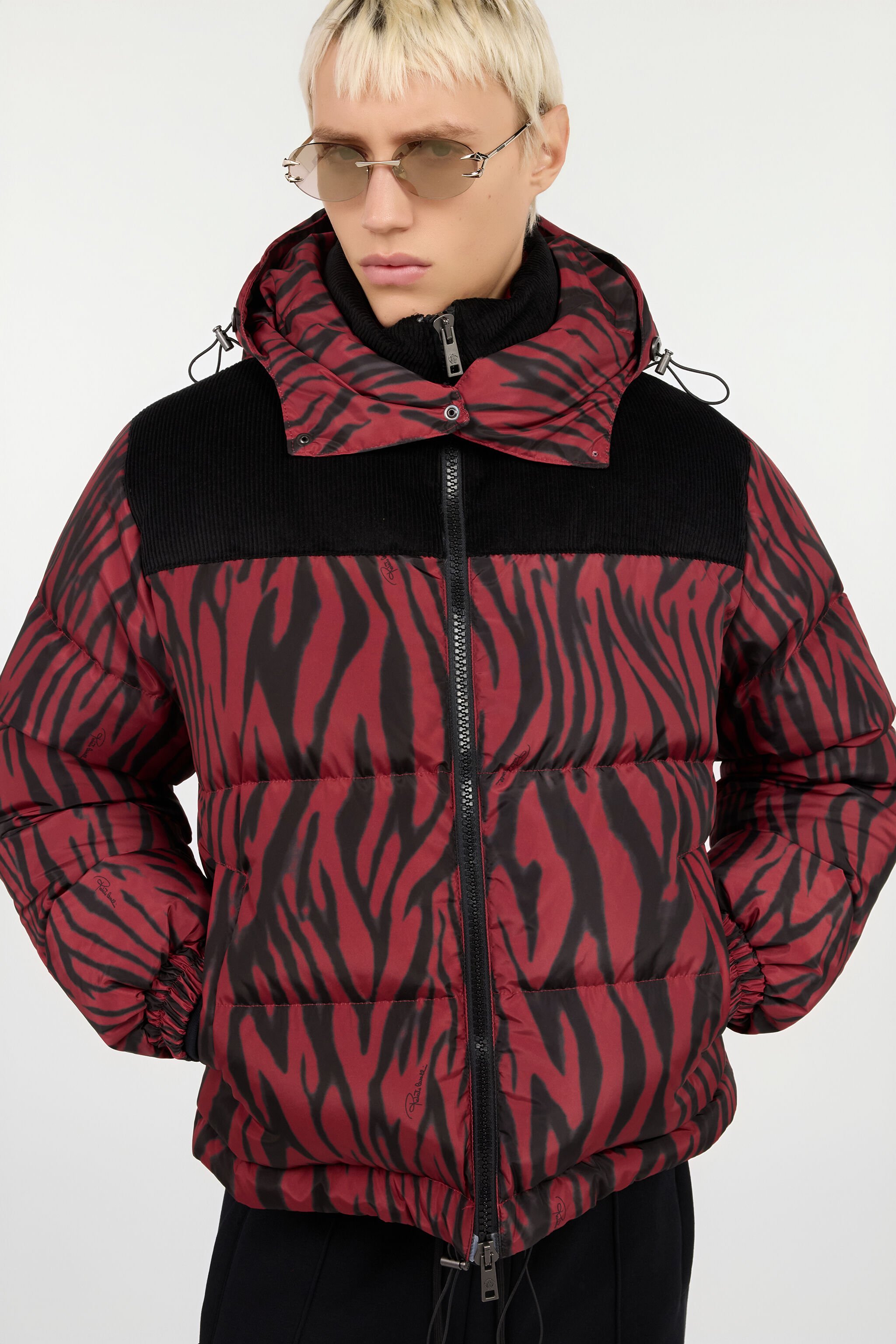 Zebra Print Down Jacket in RED/BLACK for Men | Roberto Cavalli®