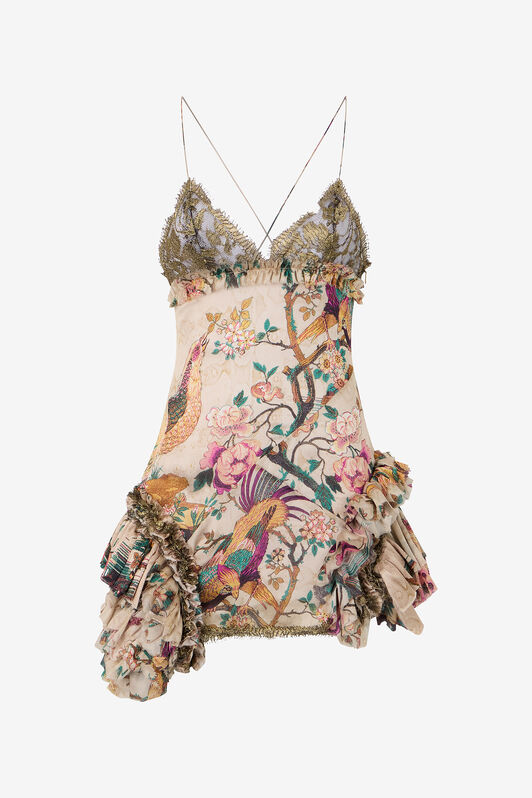 RC Mini Dress with Floral and Pheasant Print RC Mini Dress with Floral and Pheasant Print Ivory/Pink VKT132-CTP76