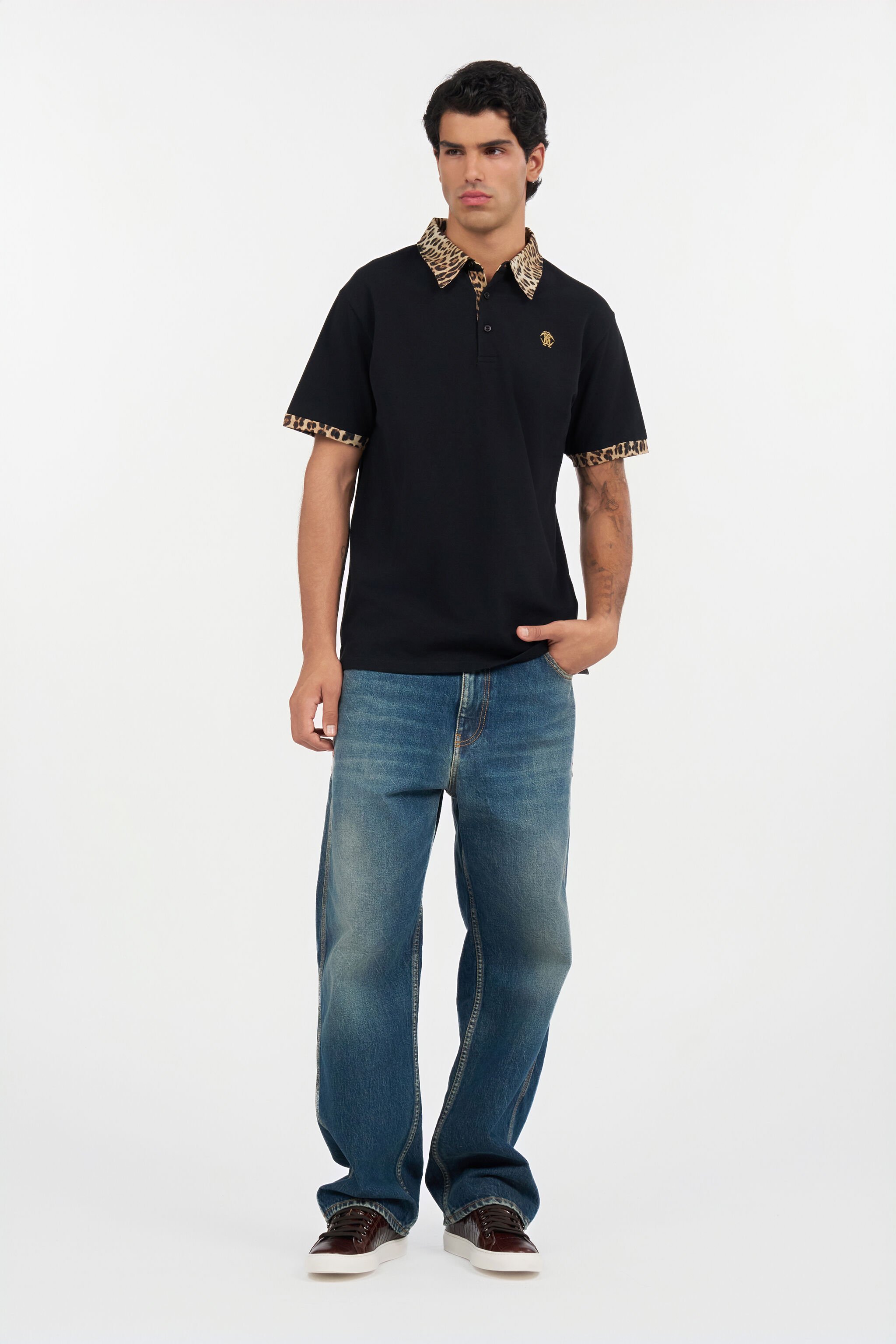 RC Black Polo Shirt With Jaguar Print Detail BLACK/JAGUAR QOT64E-KB001