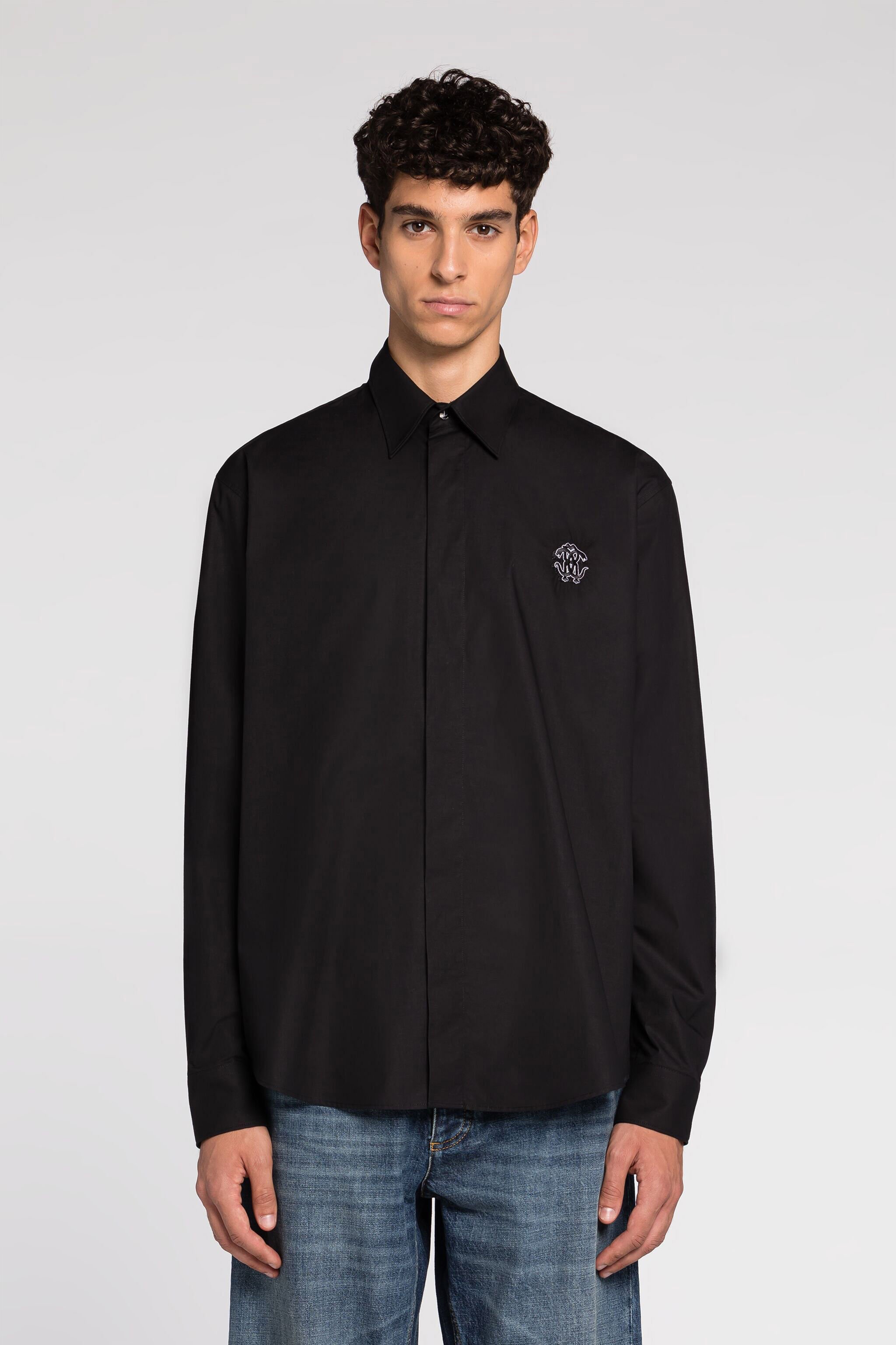 RC Camisa de algodón con adorno Mirror Snake bordado Negro RRT710-CH061