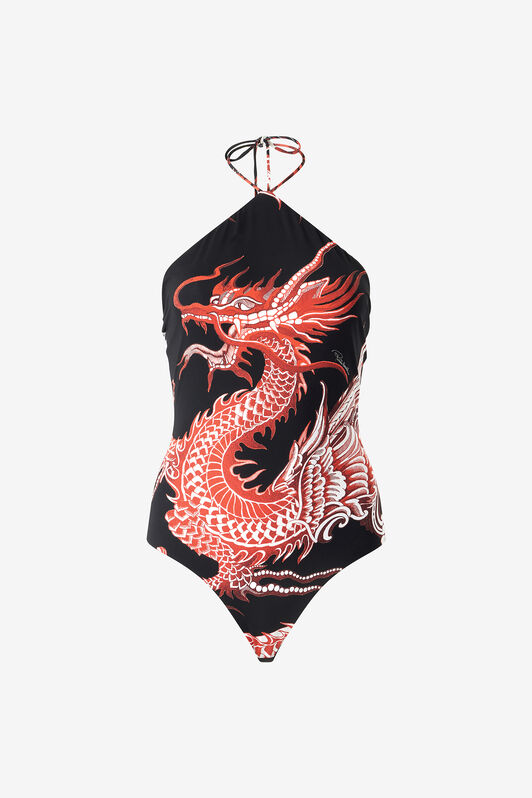 RC Bodysuit with Dragon, Flowers and Fans Schwarz/Rot VQT620-LNP75