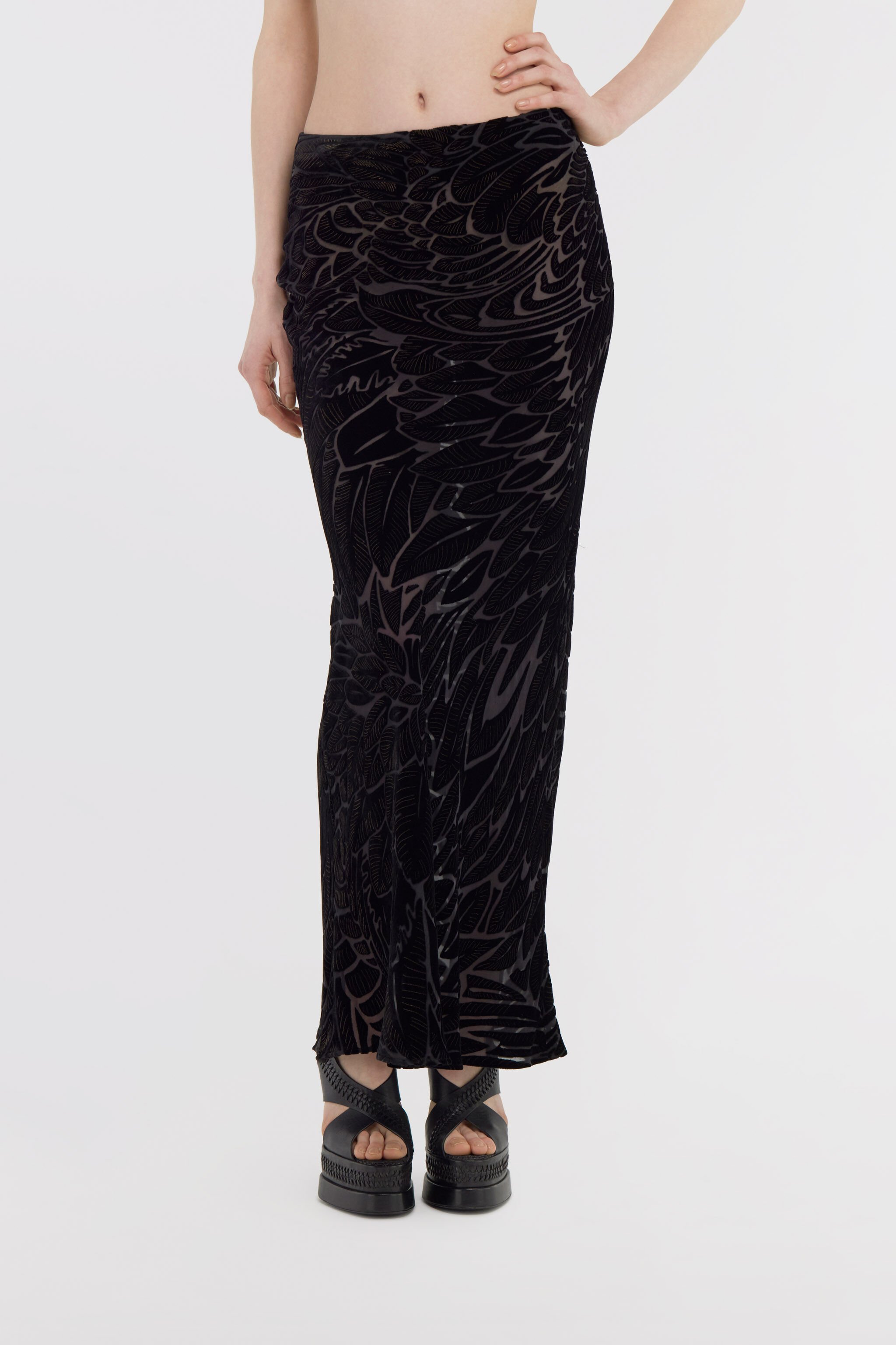 RC Plumage print devorè skirt Black SWT303-4RL76