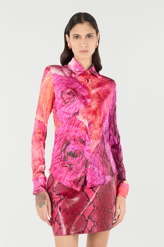 RC Shirt With Bejeweled Buttons And Rose Print Fuchsia UKT701-RYN48