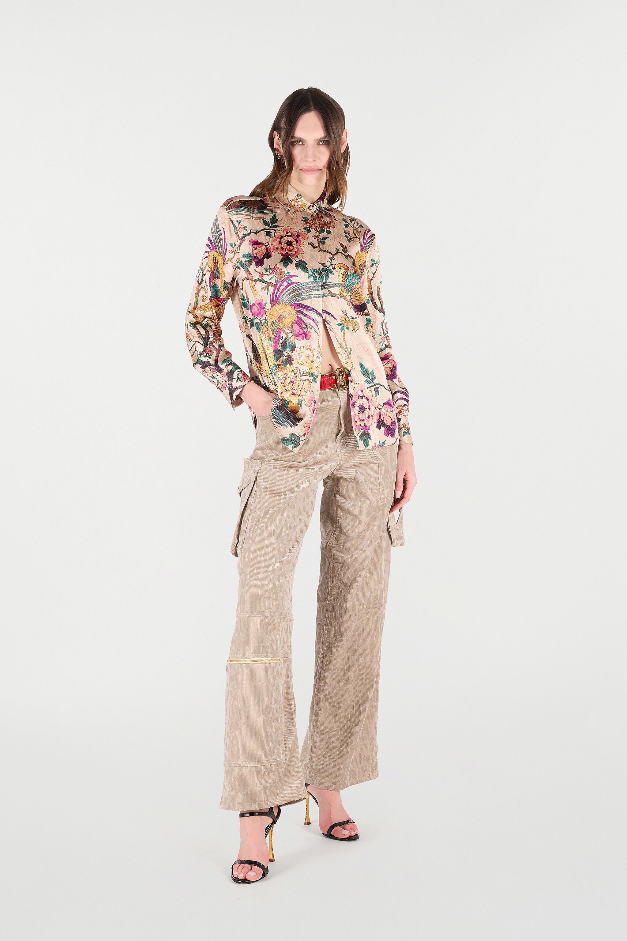 RC Silk Shirt with Floral and Pheasant Print Ivoire/Rose VKT704-TYP76